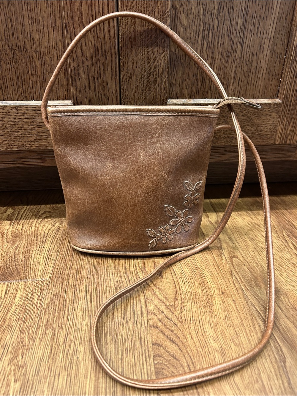 Relic by Fossil Floral Embroidered Bucket Crossbody Bag Brown Vegan Leather